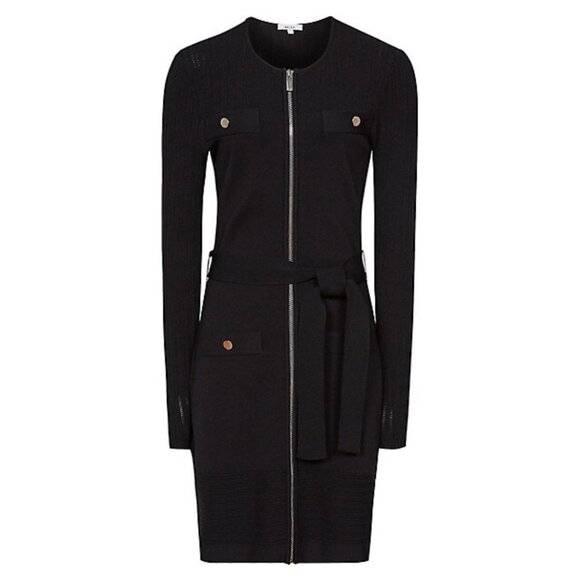 NWT Reiss Emily Knitted Mini Dress Medium in Black Collarless Front Zip w/ Belt - Picture 2 of 11
